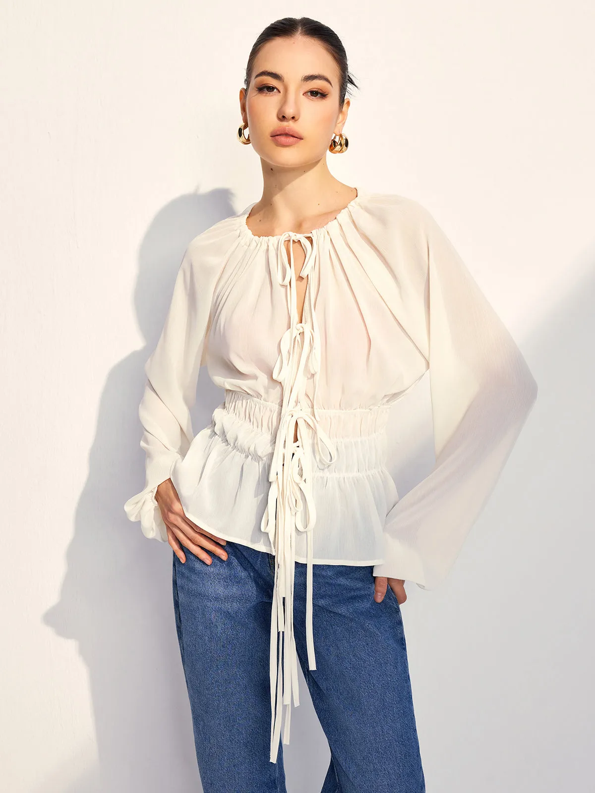 Lace Up Pleated Chiffon Blouse sold by COMMENSE product image thumbnail 4
