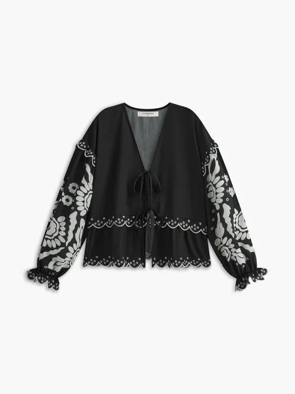 Ruffle Print Knotted Blouse sold by COMMENSE