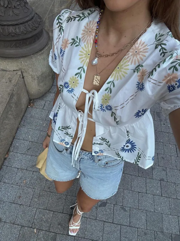 Tie Front Floral Blouse sold by COMMENSE