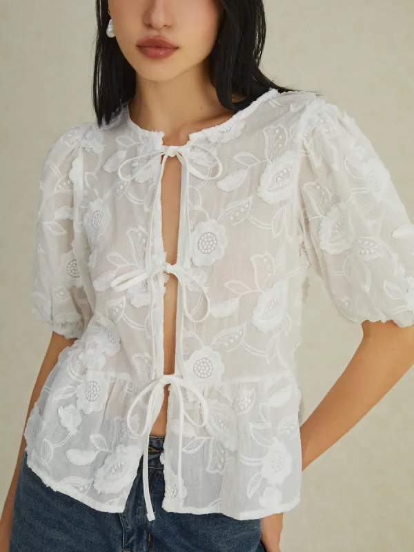 Semi-Sheer Floral Knotted Puff Sleeve Blouse sold by COMMENSE