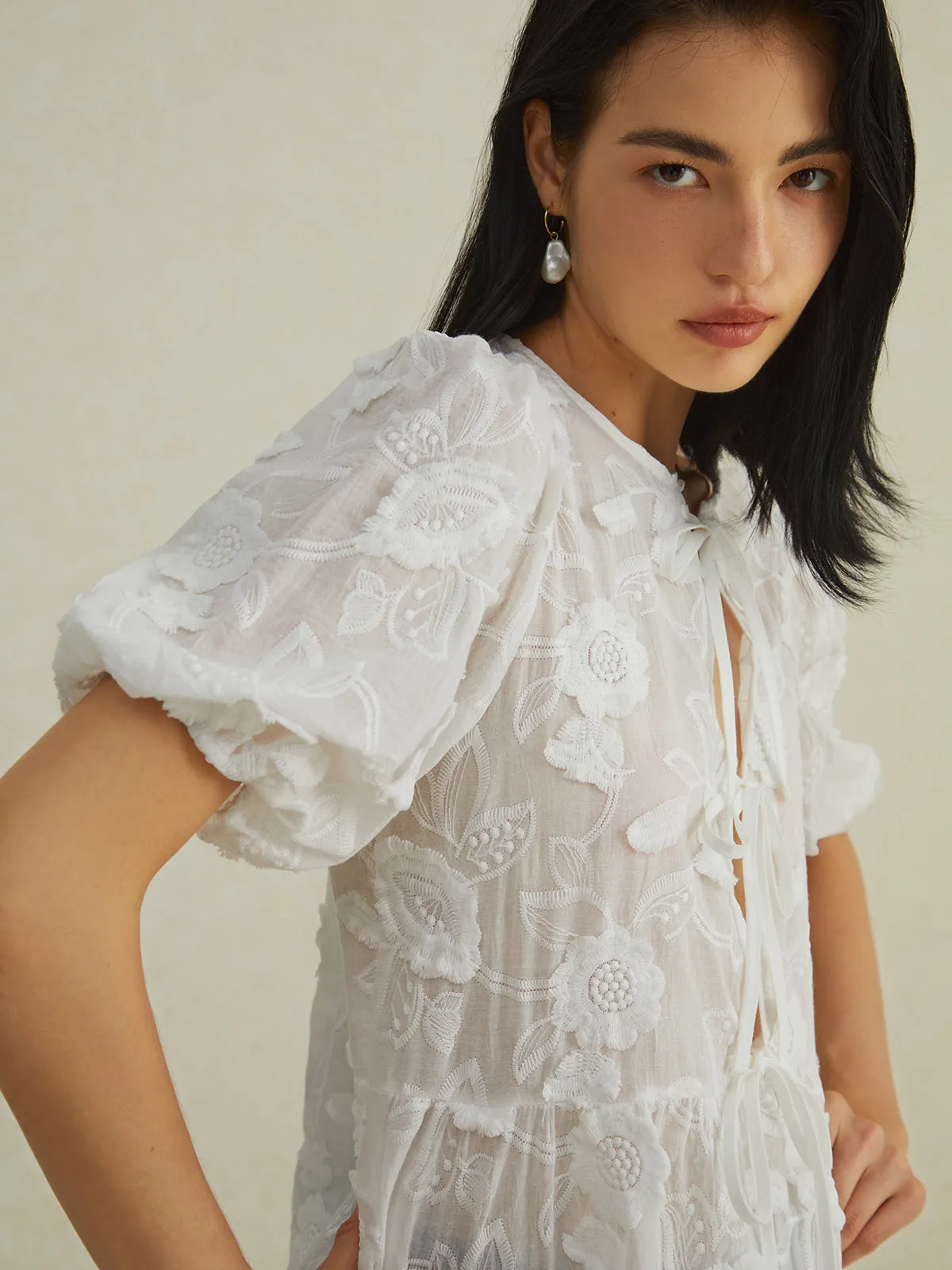 Semi-Sheer Floral Knotted Puff Sleeve Blouse sold by COMMENSE product image thumbnail 3