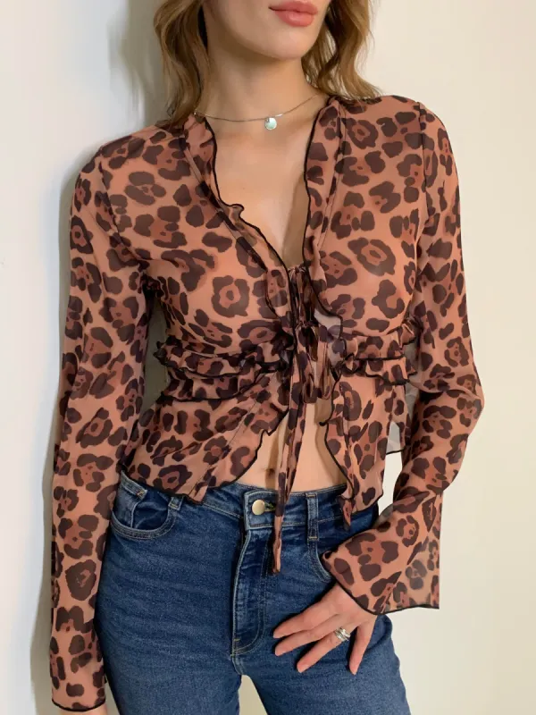 Leopard Print Semi-Sheer Ruffle V-Neck Blouse sold by COMMENSE