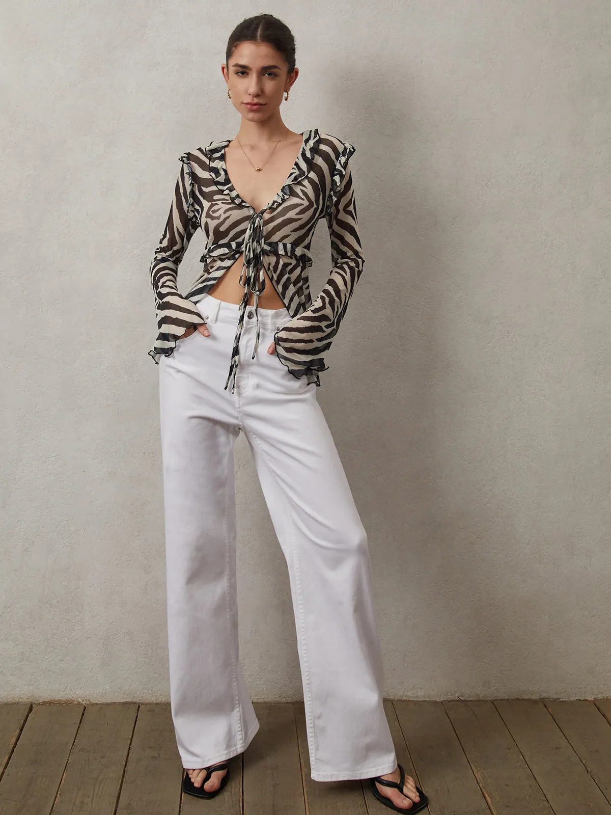 Mesh Ruffle Detail Knotted Blouse sold by COMMENSE product image thumbnail 3