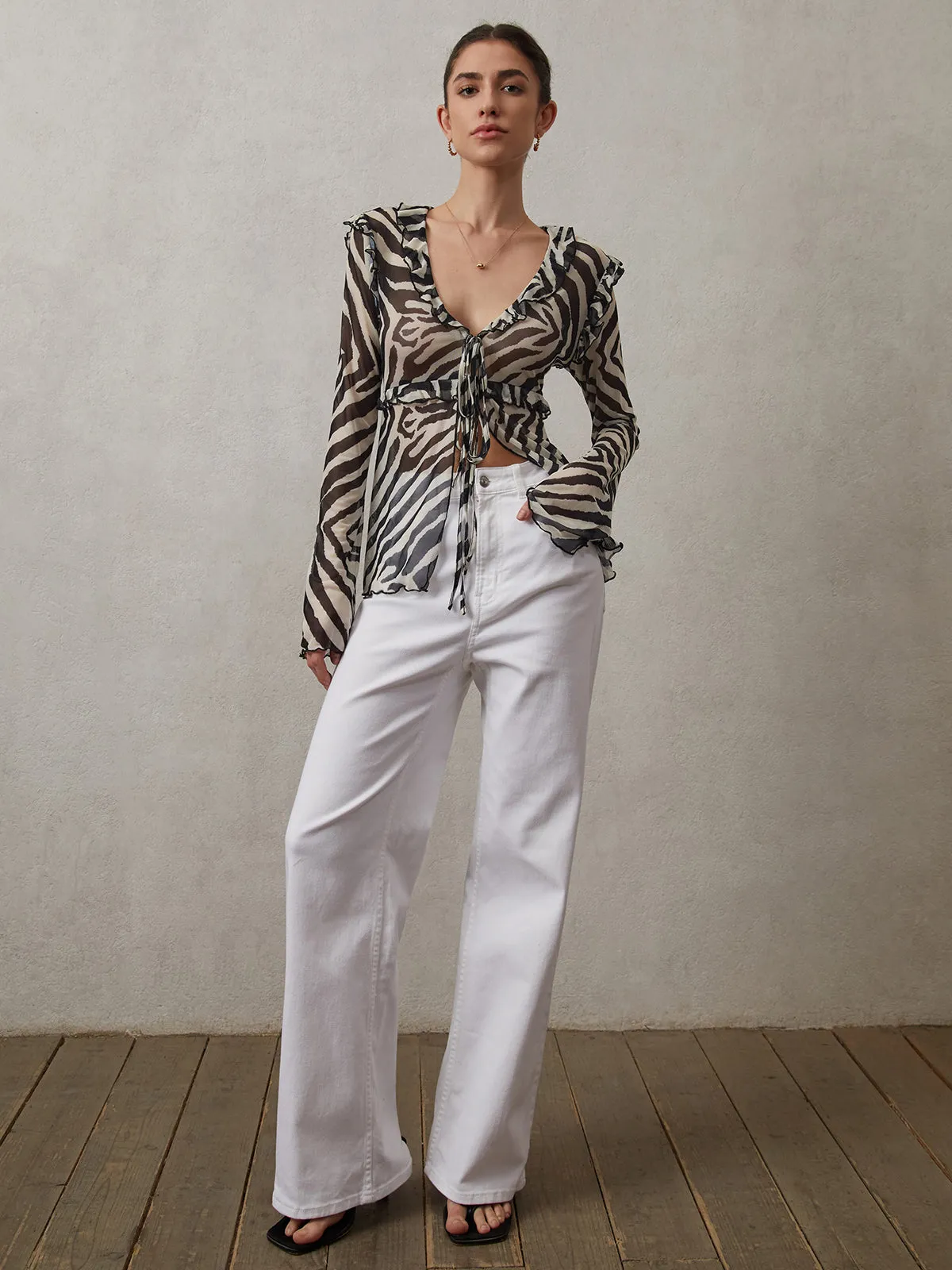 Mesh Ruffle Detail Knotted Blouse sold by COMMENSE product image thumbnail 4