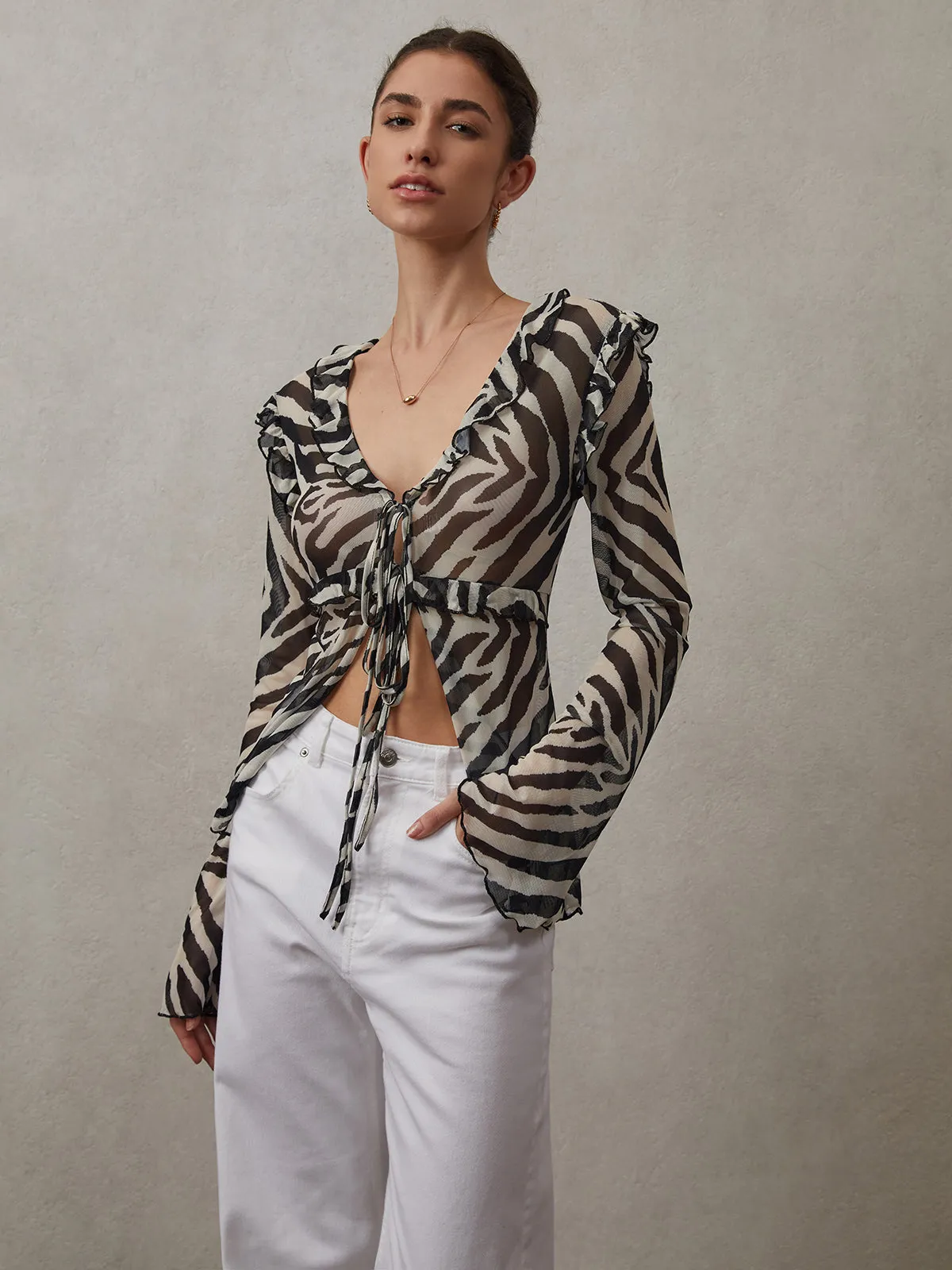 Mesh Ruffle Detail Knotted Blouse sold by COMMENSE product image thumbnail 5