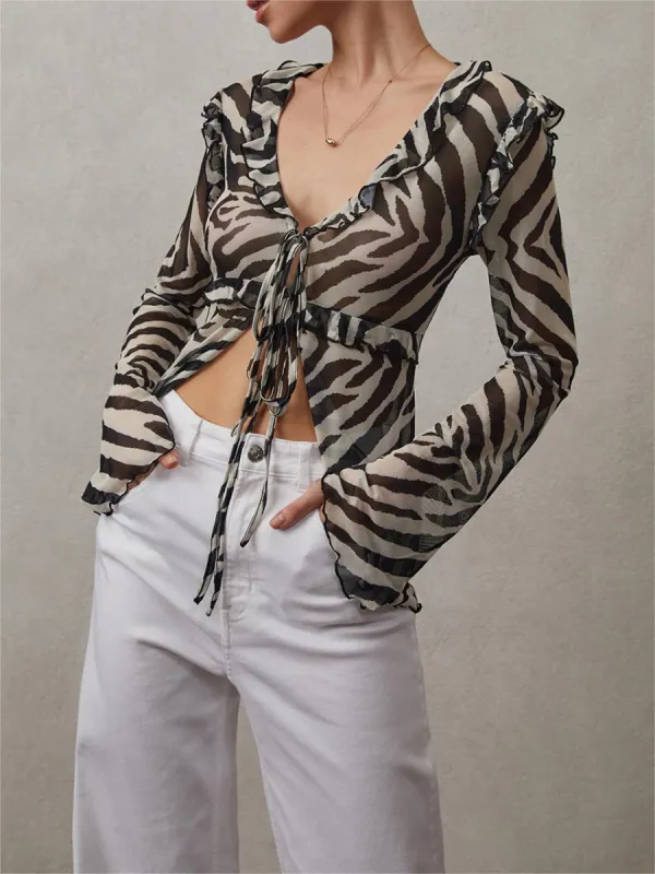 Mesh Ruffle Detail Knotted Blouse sold by COMMENSE
