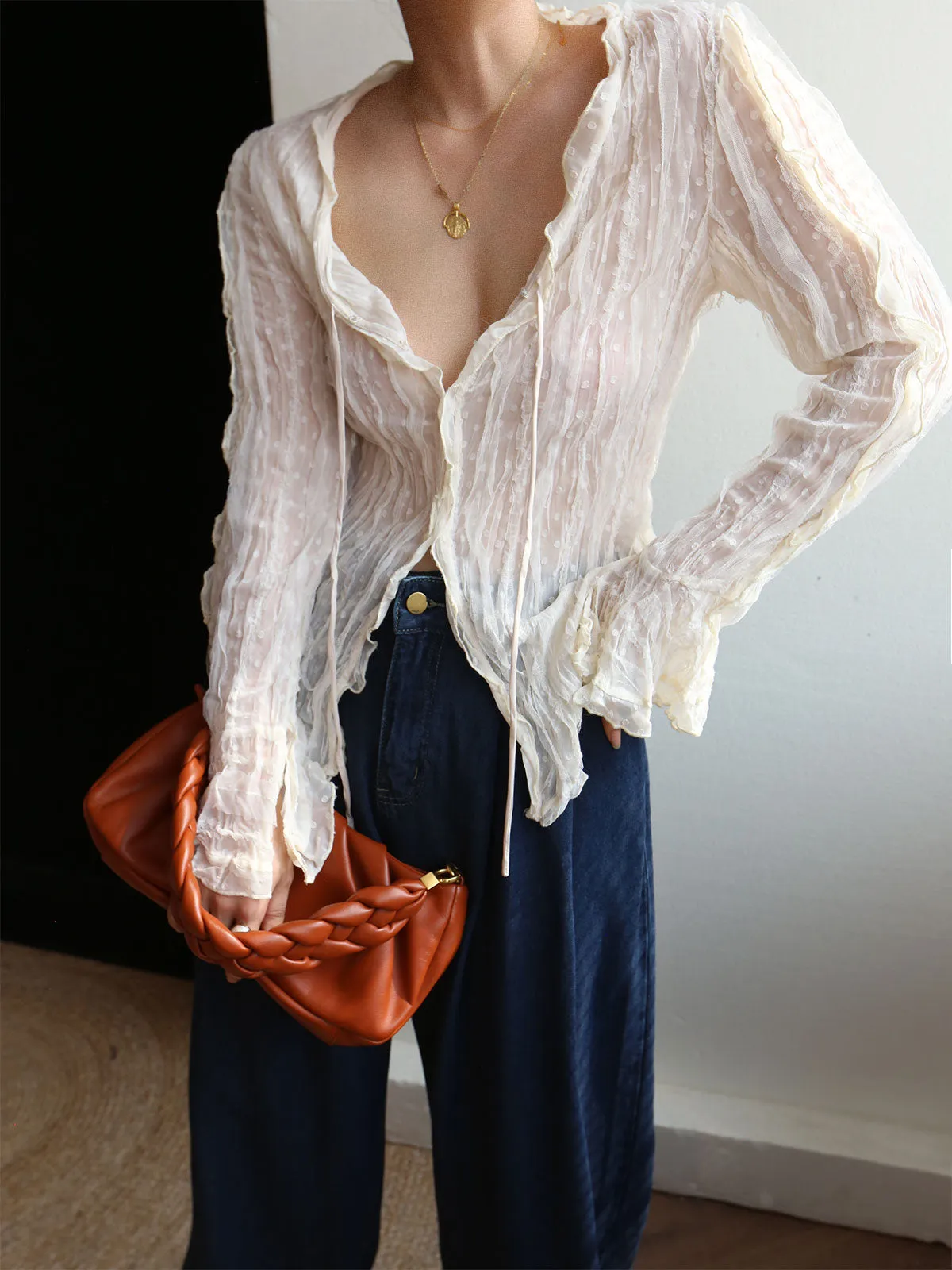 Chiffon Sheer Lettuce Trim Long Sleeve Blouse sold by COMMENSE product image thumbnail 3