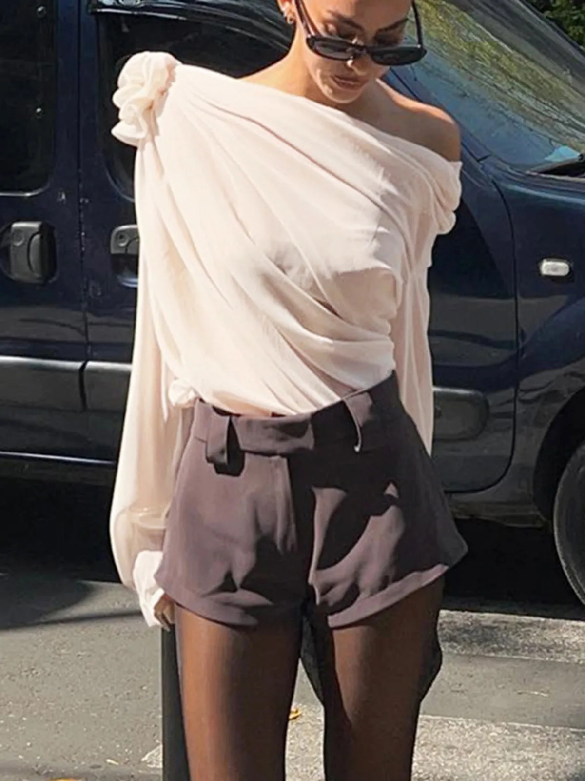 Chiffon Semi-Sheer One Shoulder Asymmetrical Blouse sold by COMMENSE product image thumbnail 5