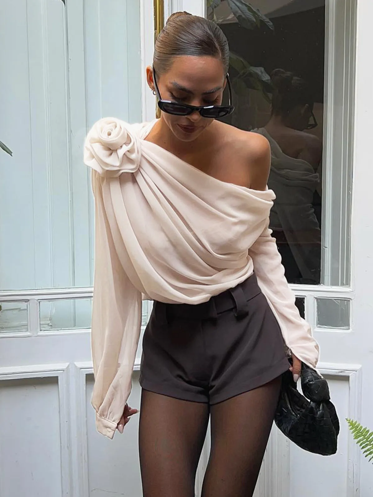 Chiffon Semi-Sheer One Shoulder Asymmetrical Blouse sold by COMMENSE