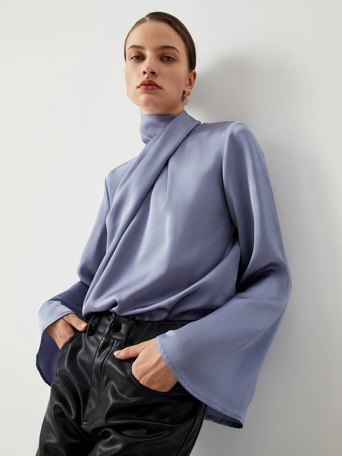 Asymmetric Pleated Turtleneck Satin Blouse sold by COMMENSE product image thumbnail 3