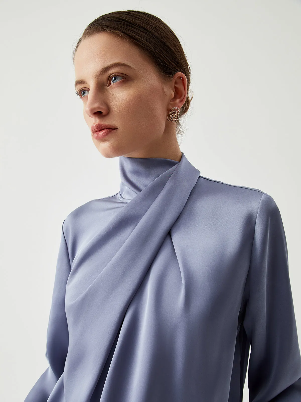 Asymmetric Pleated Turtleneck Satin Blouse sold by COMMENSE product image thumbnail 5