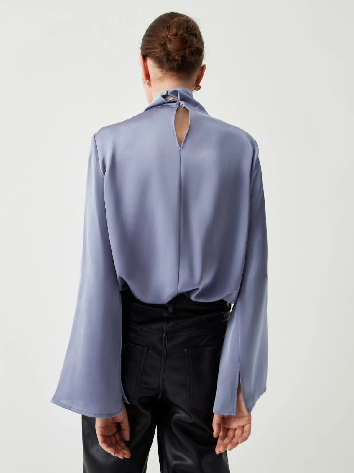 Asymmetric Pleated Turtleneck Satin Blouse sold by COMMENSE product image thumbnail 4