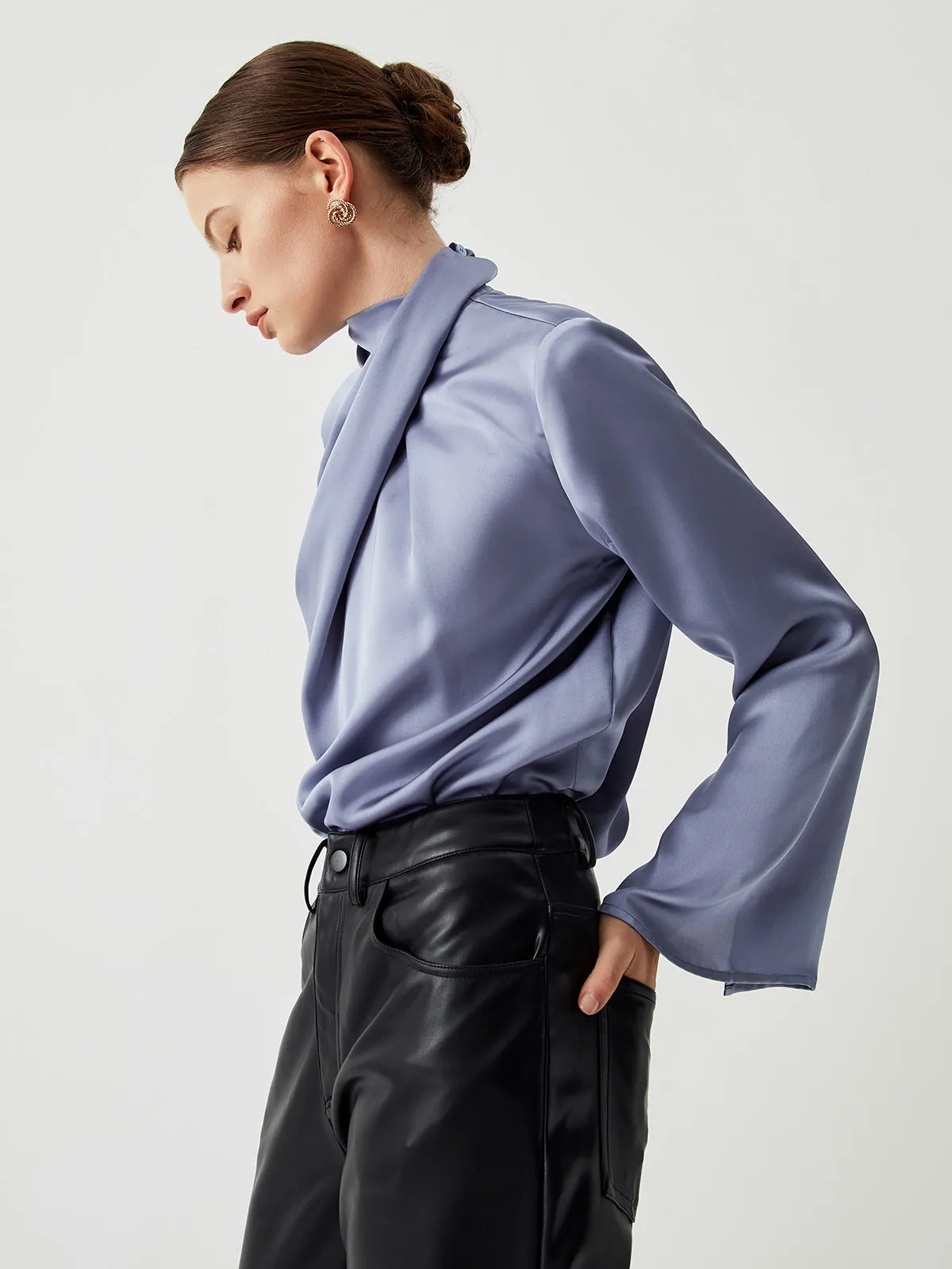 Asymmetric Pleated Turtleneck Satin Blouse sold by COMMENSE product image thumbnail 2