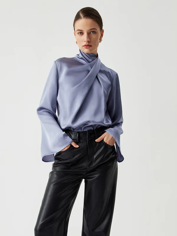 Asymmetric Pleated Turtleneck Satin Blouse sold by COMMENSE