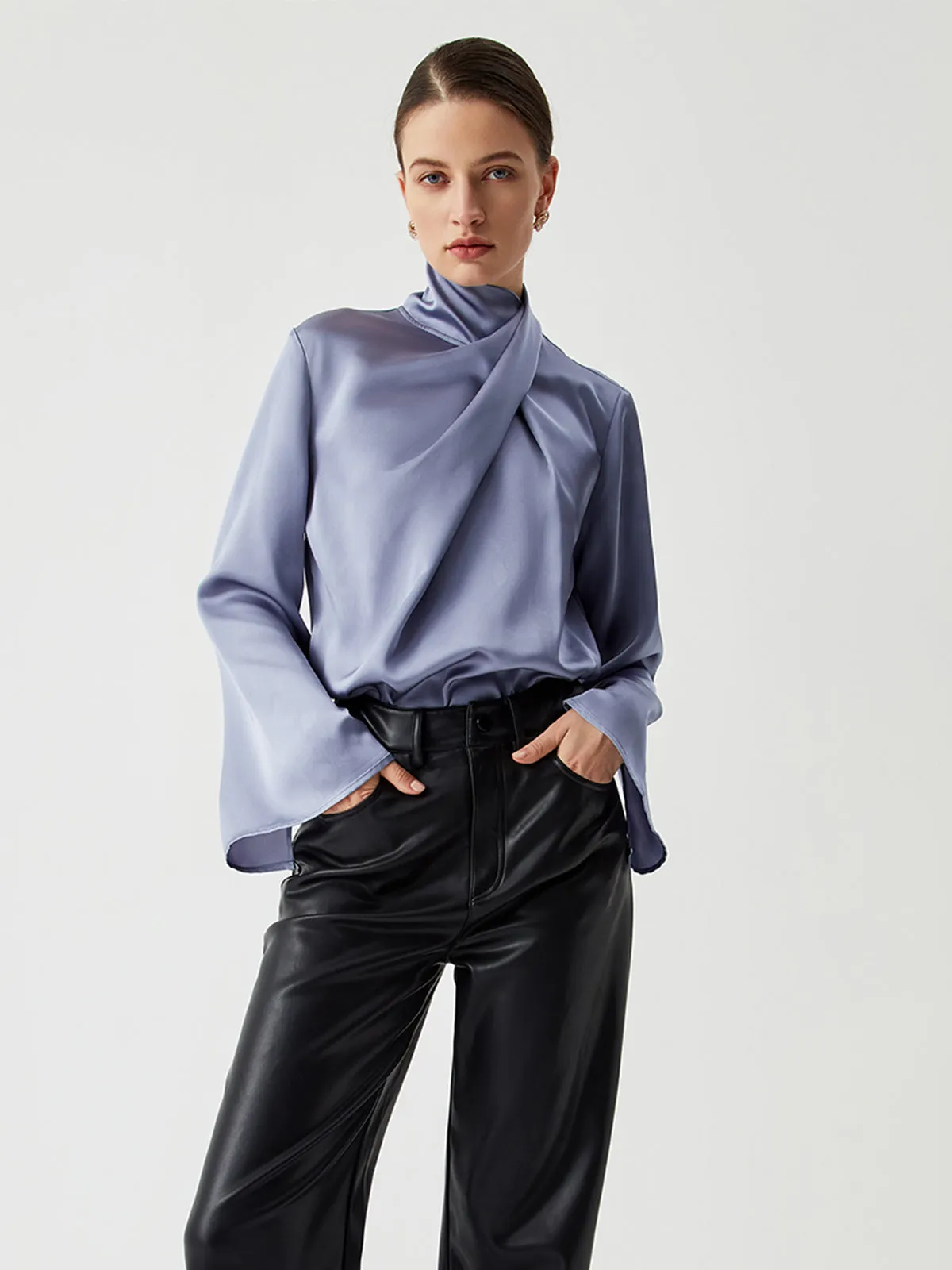 Asymmetric Pleated Turtleneck Satin Blouse sold by COMMENSE