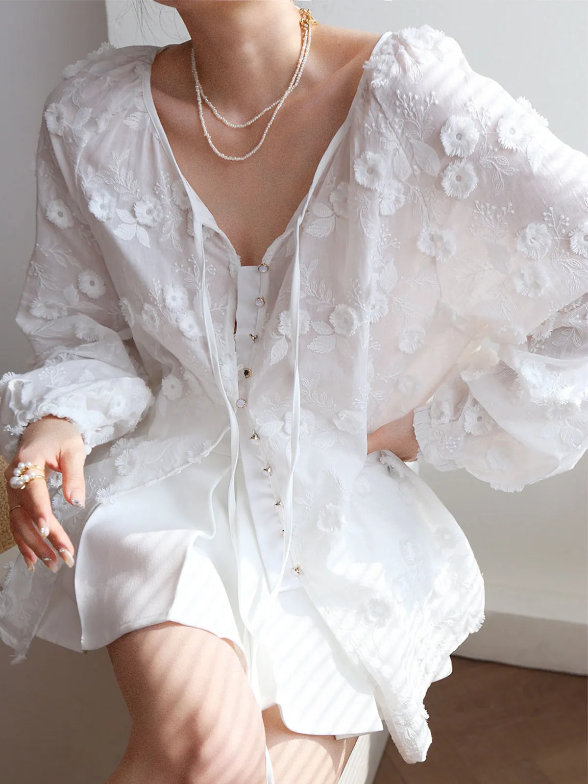 Oversized Embroidered Floral Blouse sold by COMMENSE product image thumbnail 2