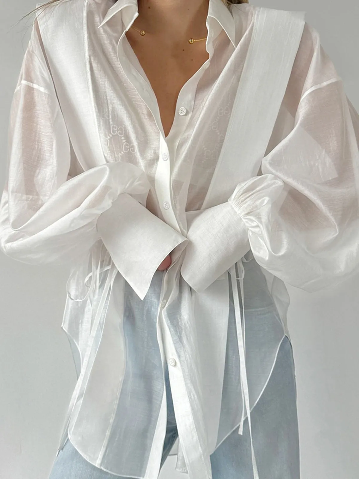 Semi-Sheer Pleated Polo Blouse sold by COMMENSE product image thumbnail 3
