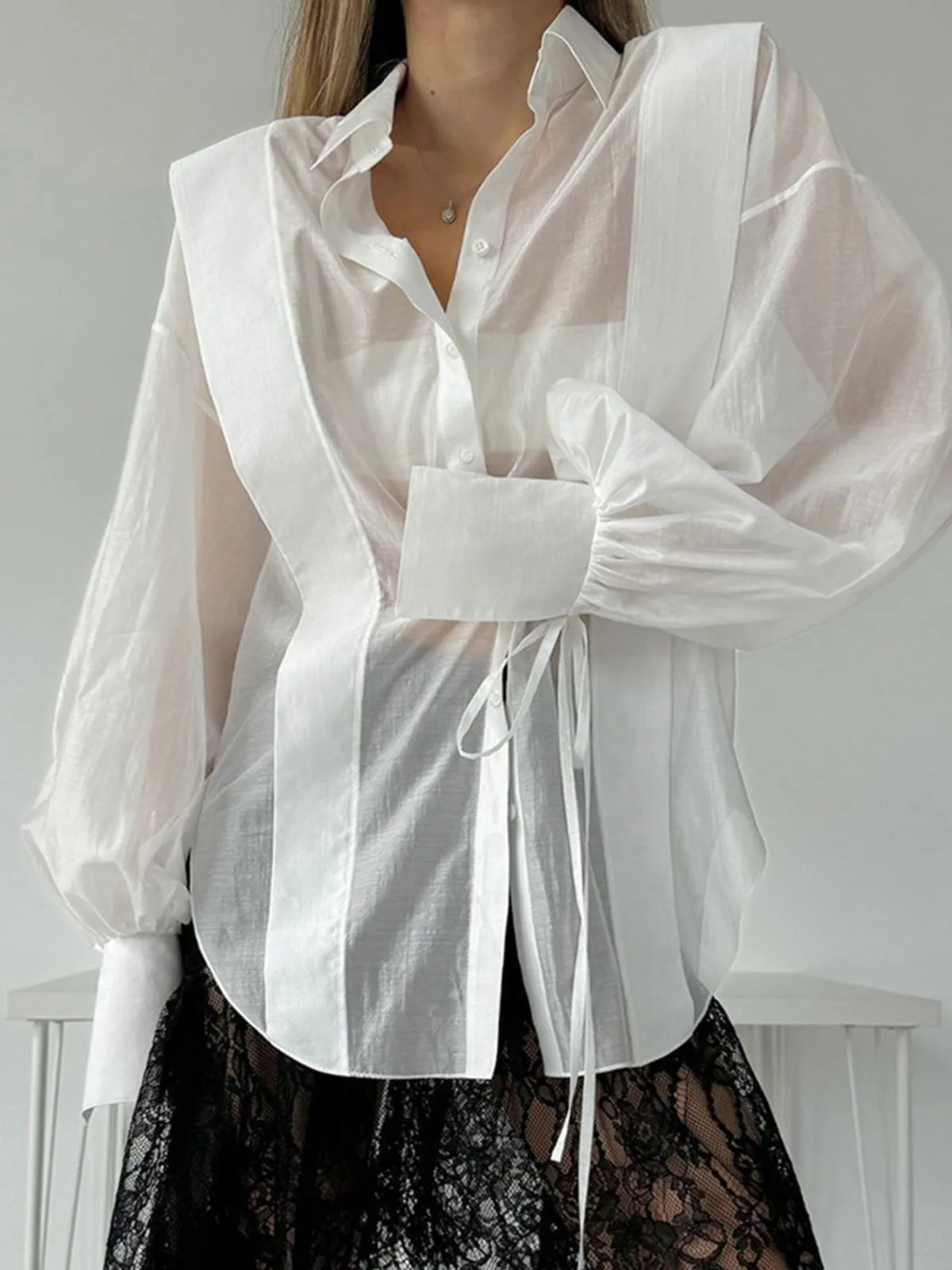 Semi-Sheer Pleated Polo Blouse sold by COMMENSE