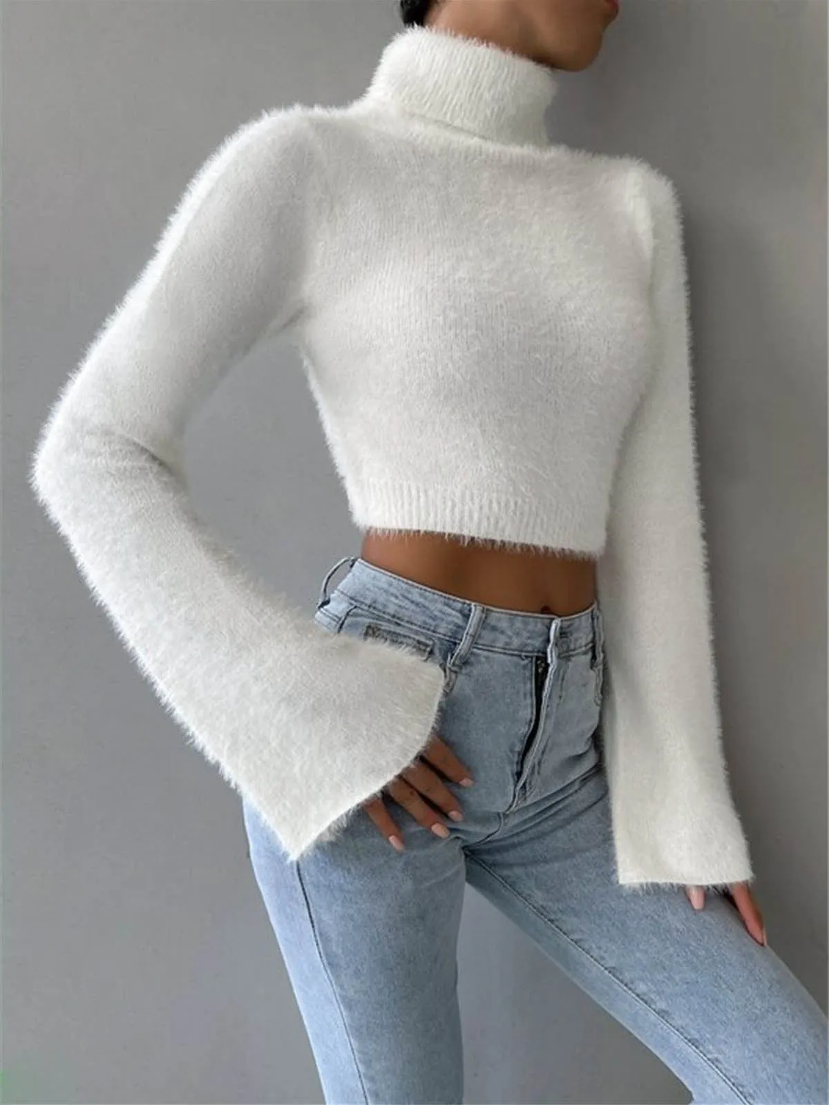 Turtleneck Fuzzy Crop Knit Top sold by COMMENSE