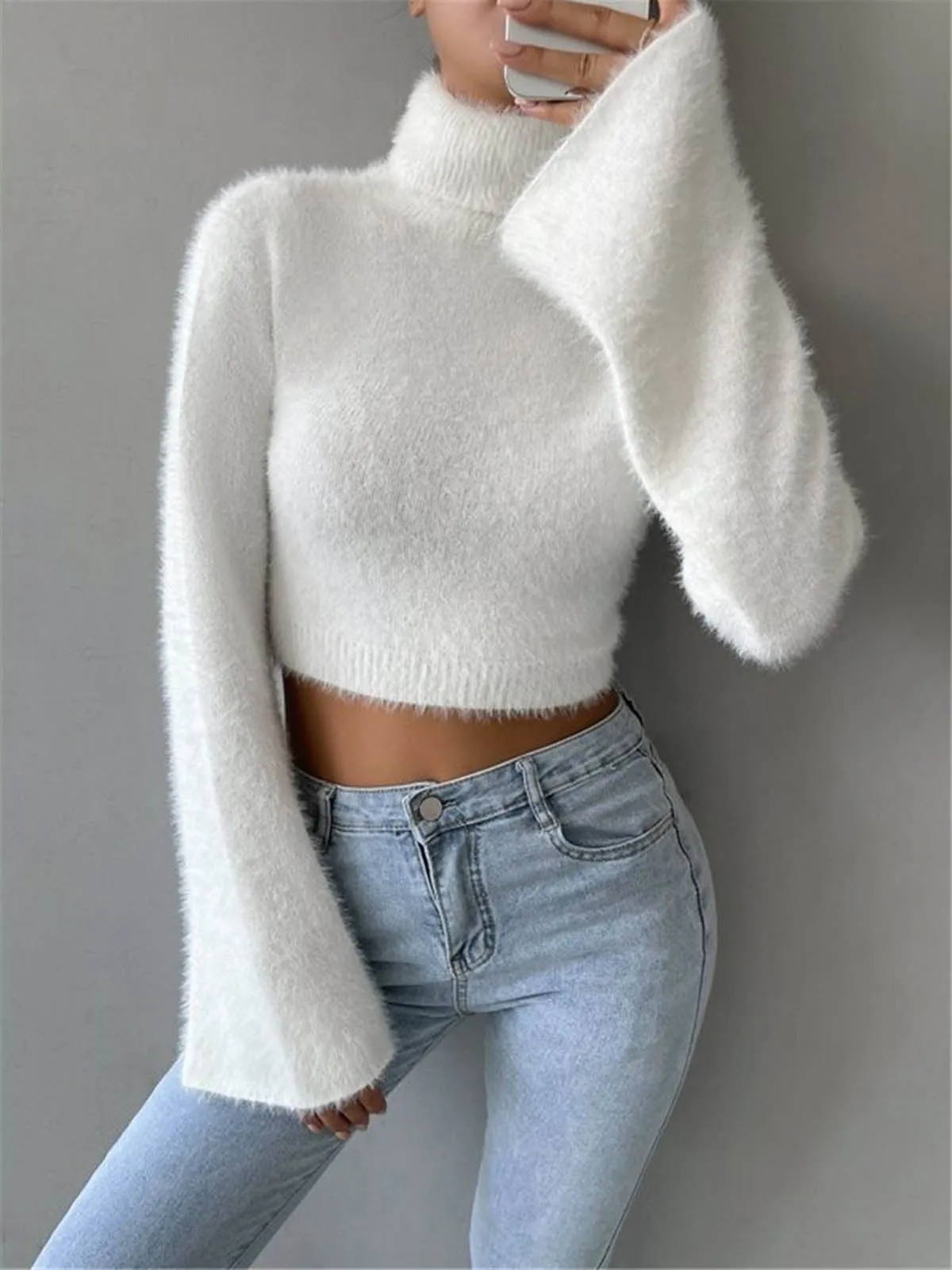 Turtleneck Fuzzy Crop Knit Top sold by COMMENSE product image thumbnail 4