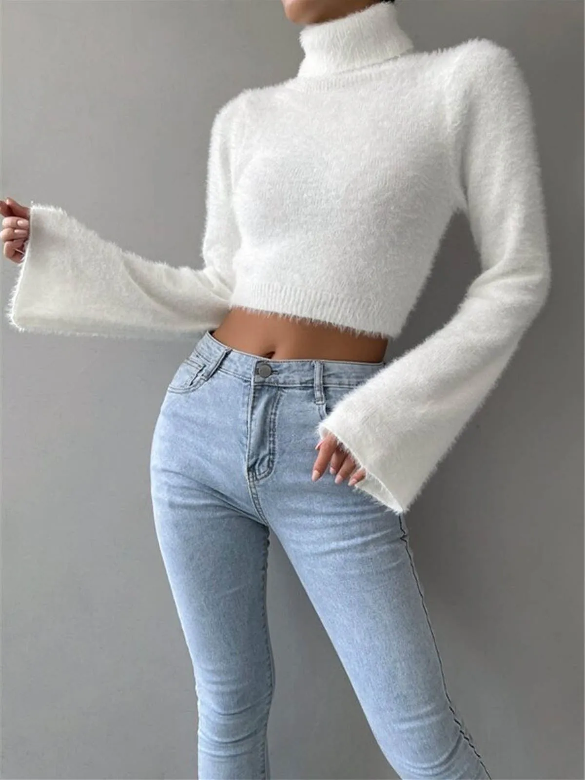 Turtleneck Fuzzy Crop Knit Top sold by COMMENSE product image thumbnail 2