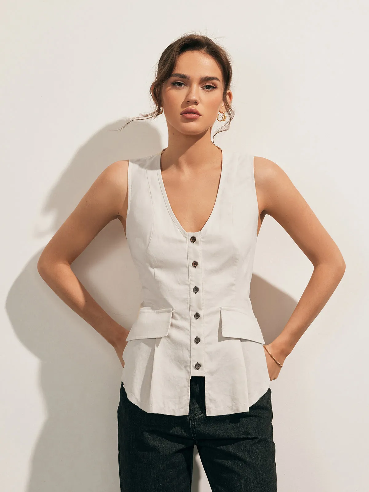 Linen Blends Raw Hem Button Up Vest sold by COMMENSE product image thumbnail 3