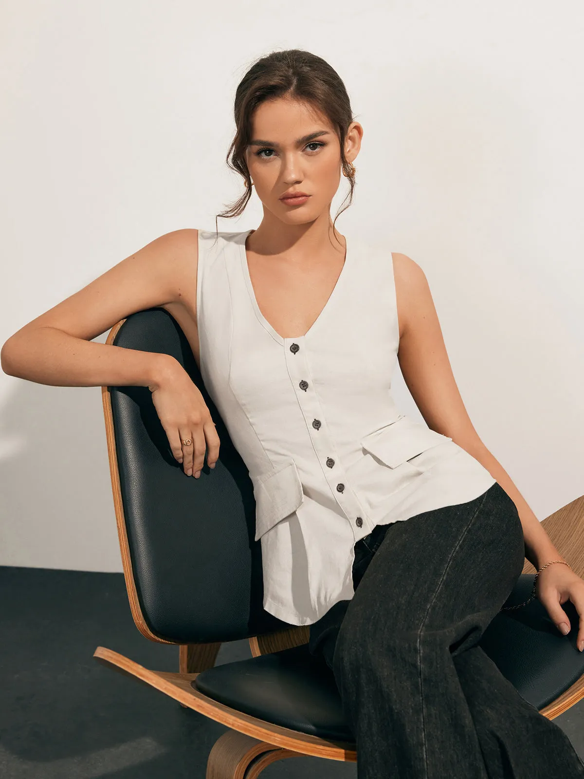 Linen Blends Raw Hem Button Up Vest sold by COMMENSE product image thumbnail 4