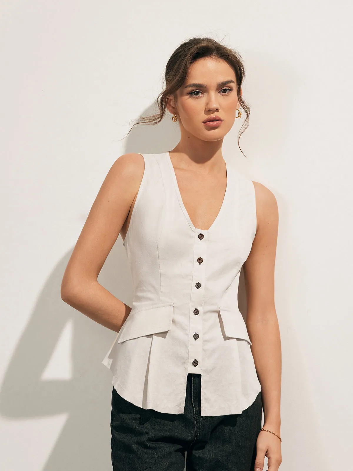 Linen Blends Raw Hem Button Up Vest sold by COMMENSE