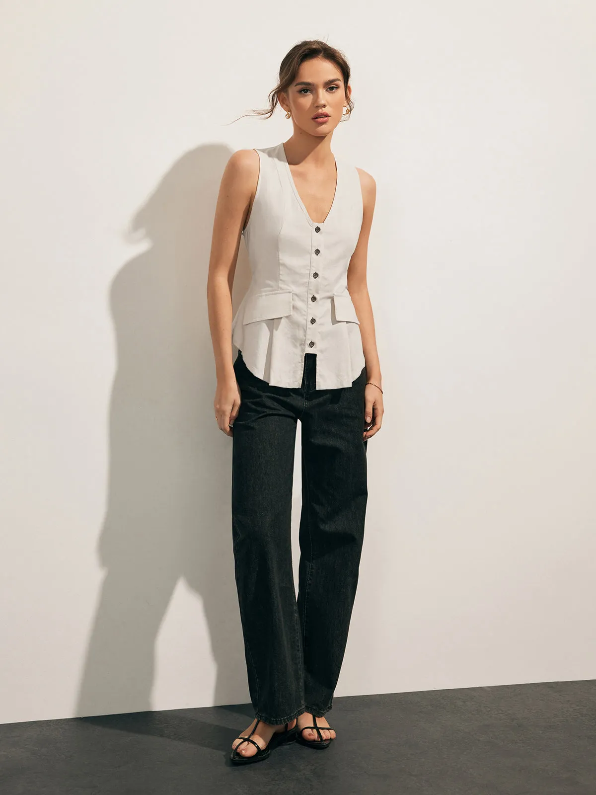 Linen Blends Raw Hem Button Up Vest sold by COMMENSE product image thumbnail 2
