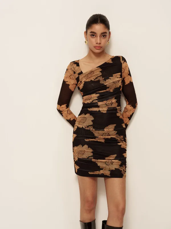 Asymmetrical Neck Long Sleeve Printed Dress sold by COMMENSE