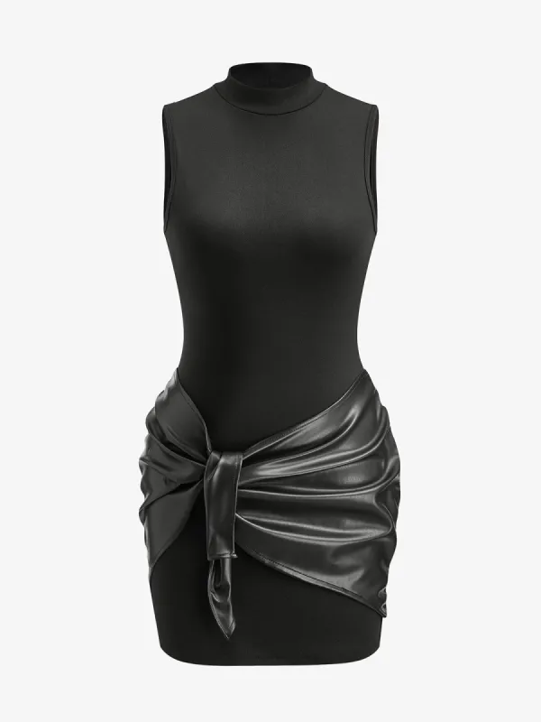 Stand Collar Faux Leather Ruched Panel Dress sold by COMMENSE