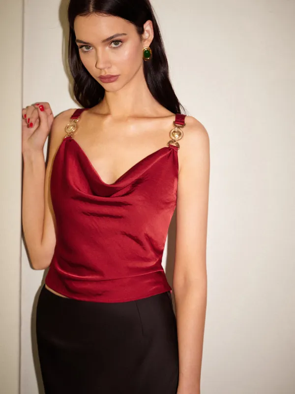 Cowl Neck Metal-Detail Satin Cami Top sold by COMMENSE