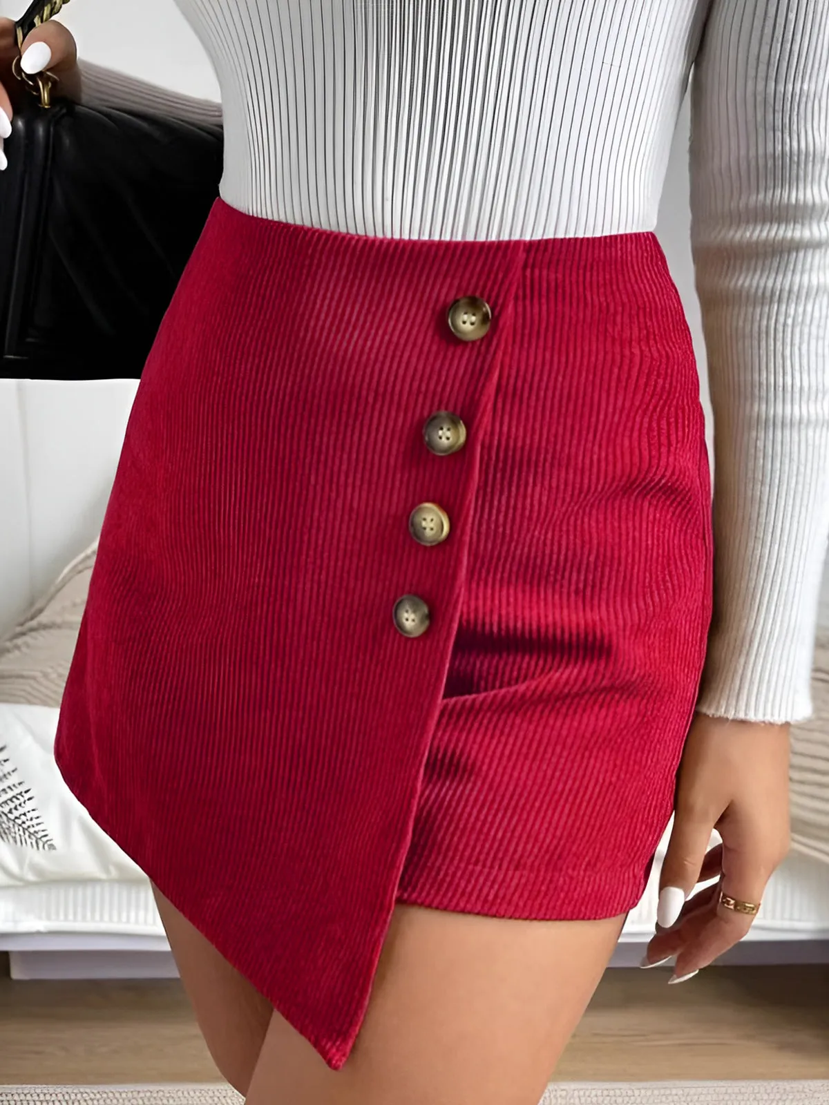 Button-Decor Corduroy Zipper Skort sold by COMMENSE