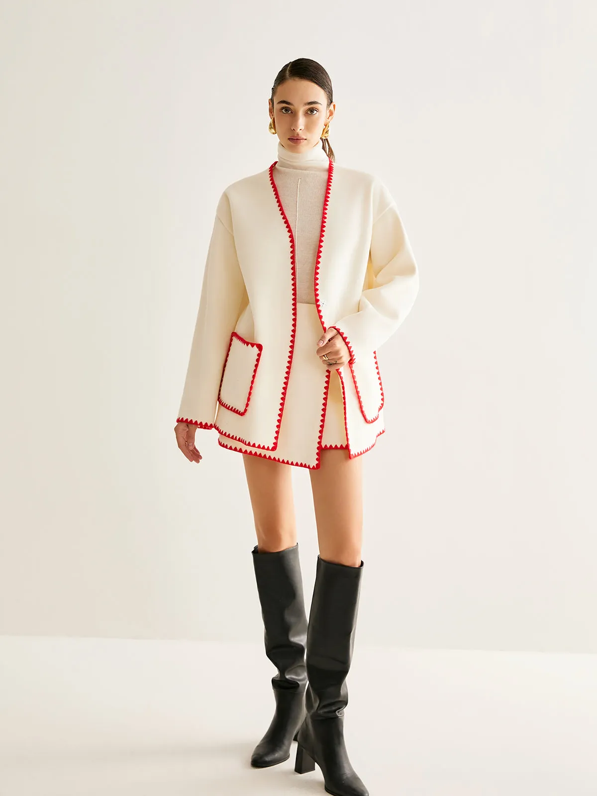 Embroidered Trim Tweed Coat With Matching Scarf sold by COMMENSE product image thumbnail 4