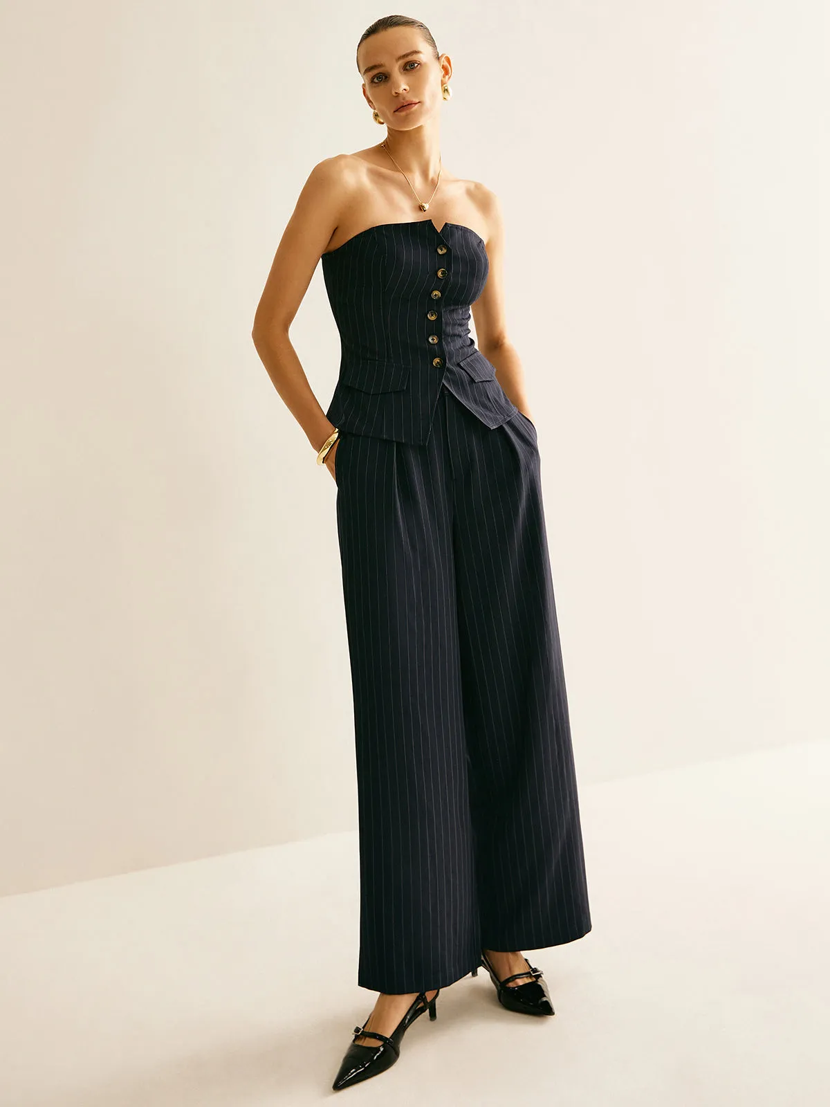Versatile Pinstripe Wide-Leg Pants sold by COMMENSE