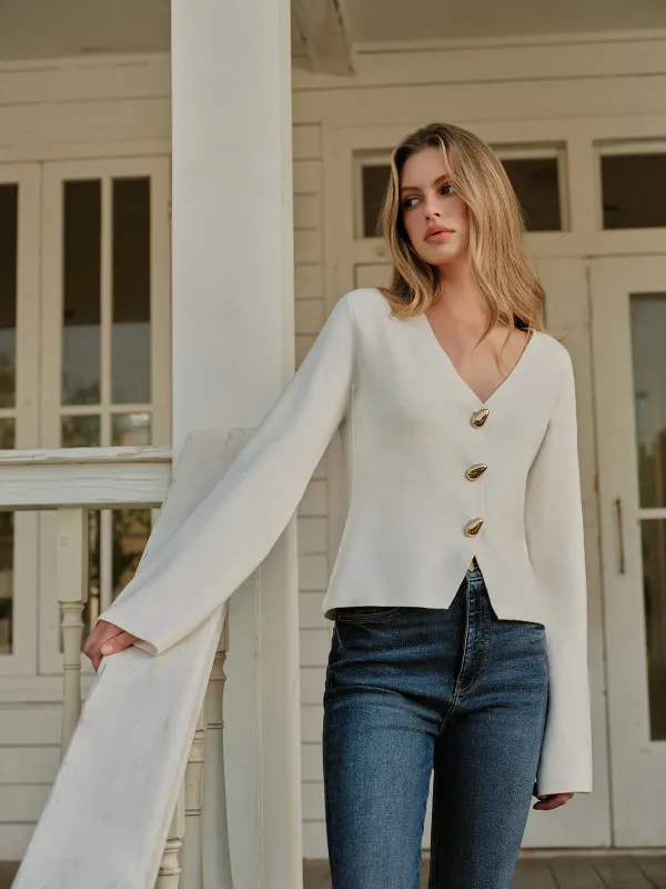 Metal Button V-Neck Cardigan sold by COMMENSE