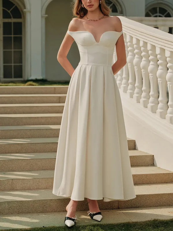 Off-Shoulder Sweetheart Pleated Dress sold by COMMENSE