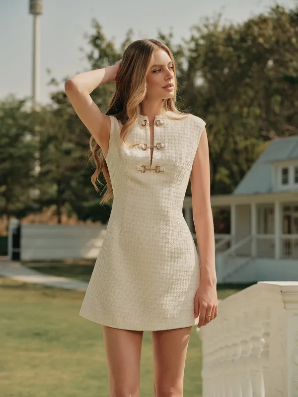 Metal Button Tweed Sleeveless Dress sold by COMMENSE