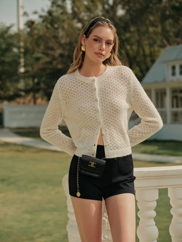 Button-Front Crochet Cardigan sold by COMMENSE