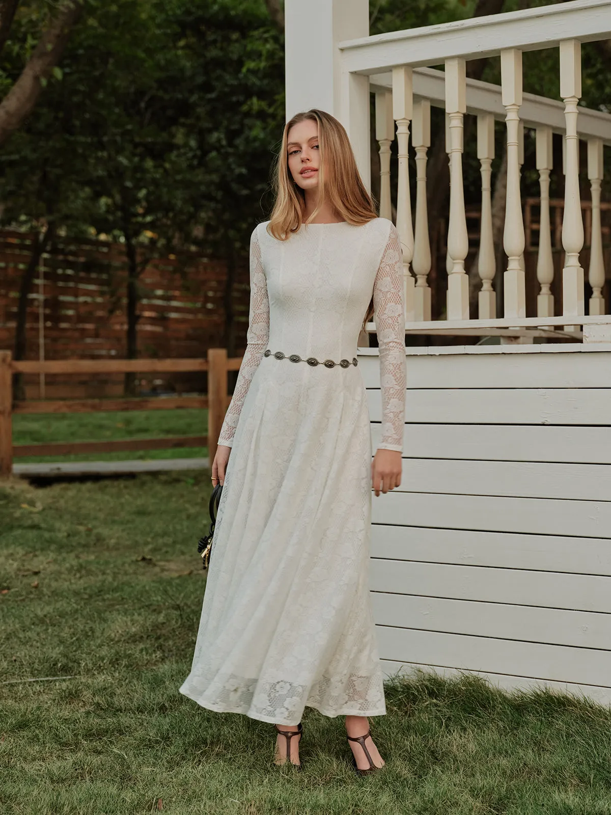 Crew Neck Lace Long Sleeve Dress Without Belt sold by COMMENSE product image thumbnail 4