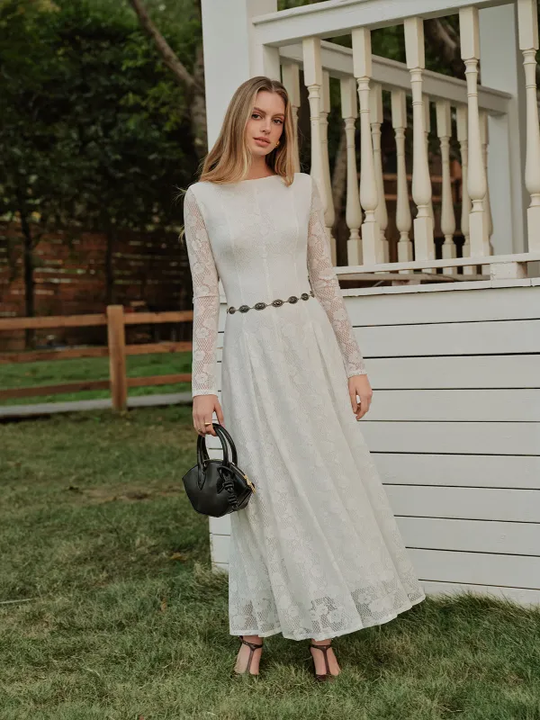 Crew Neck Lace Long Sleeve Dress Without Belt sold by COMMENSE
