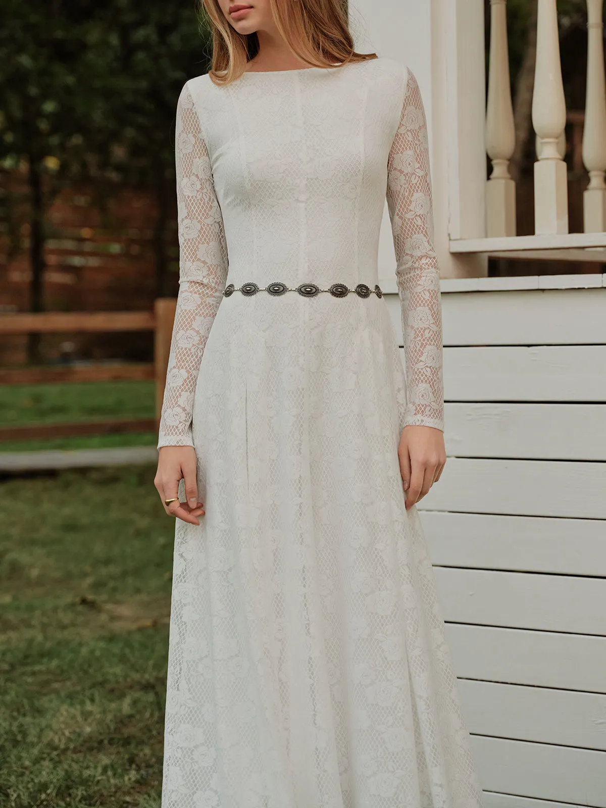 Crew Neck Lace Long Sleeve Dress Without Belt sold by COMMENSE product image thumbnail 5