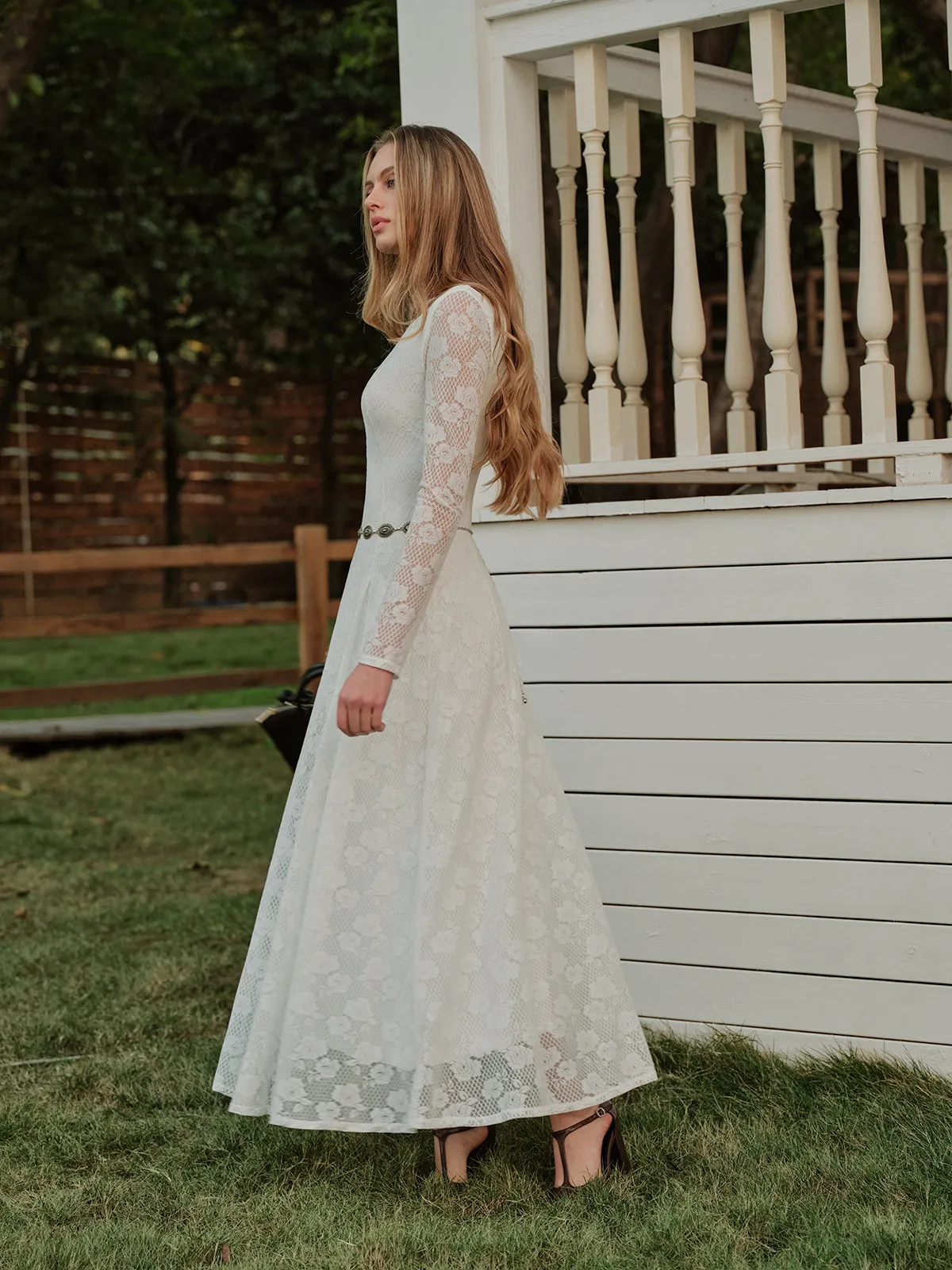 Crew Neck Lace Long Sleeve Dress Without Belt sold by COMMENSE product image thumbnail 2