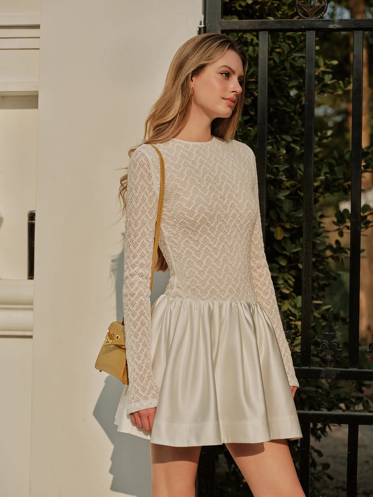 Lace Satin Panel Long Sleeve Dress sold by COMMENSE