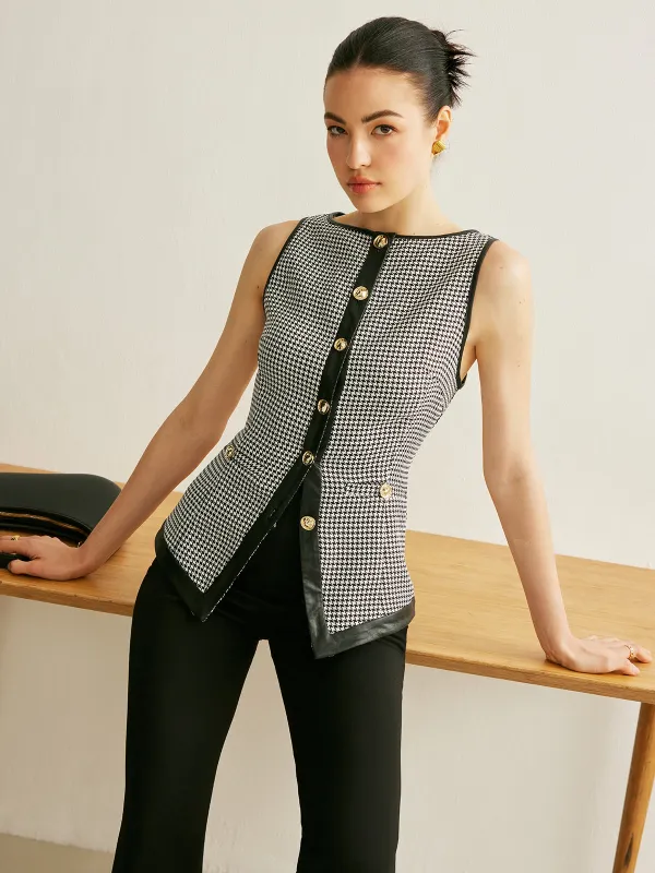Houndstooth Button Contrast Trim Vest sold by COMMENSE