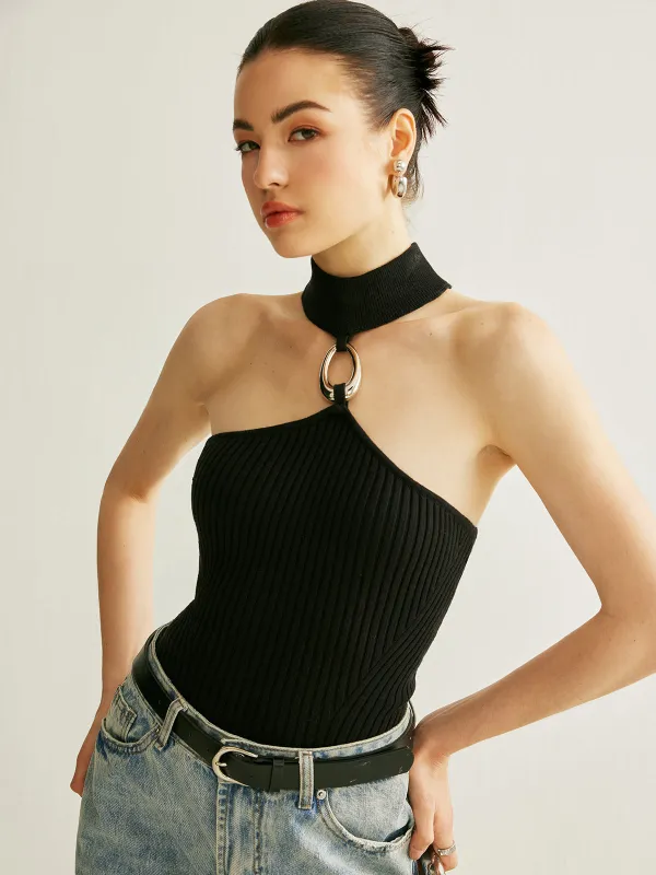 Ring Detail Ribbed Halter Top sold by COMMENSE