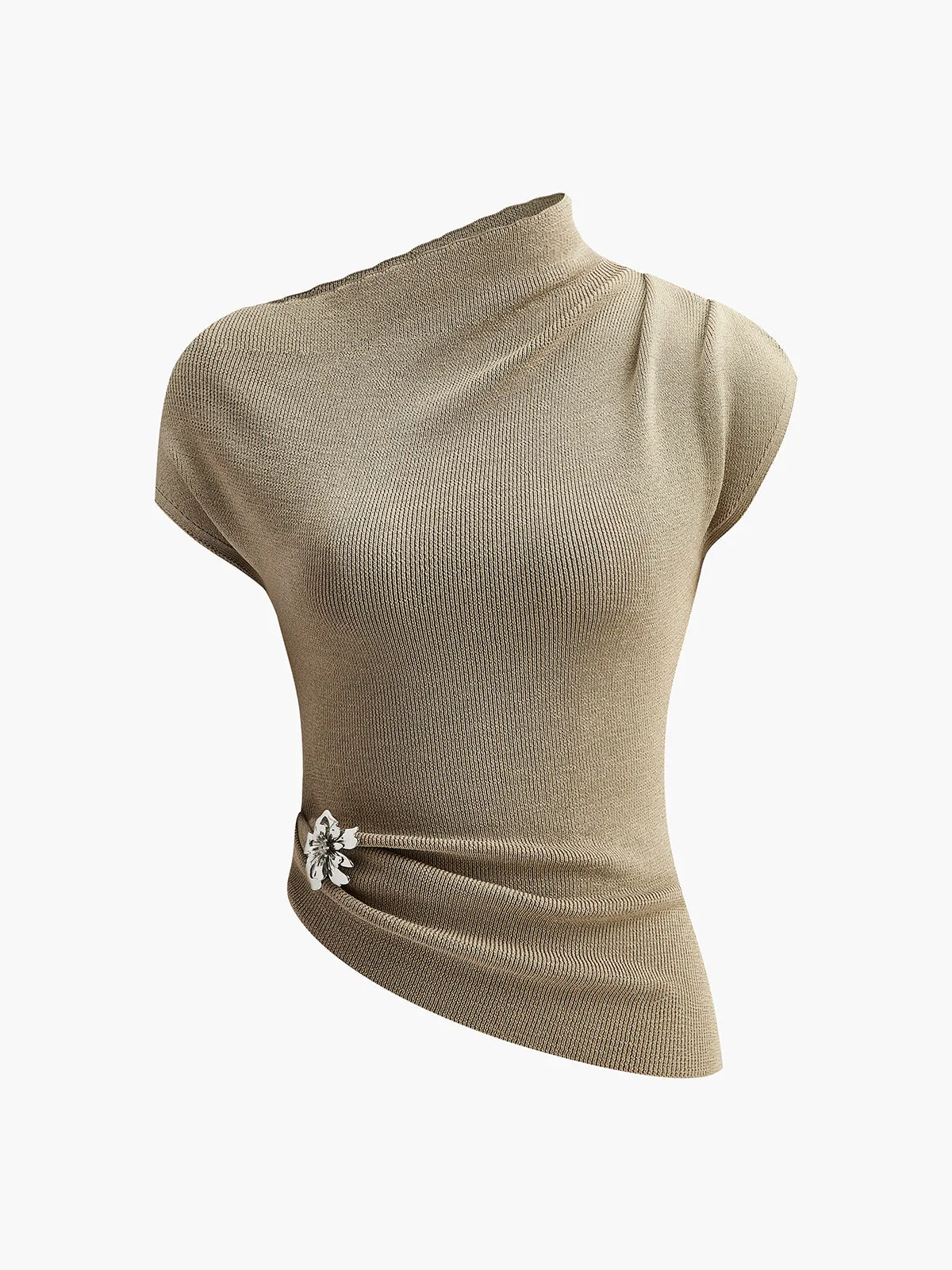 Asymmetric Neck Metal Detail Knit Top sold by COMMENSE