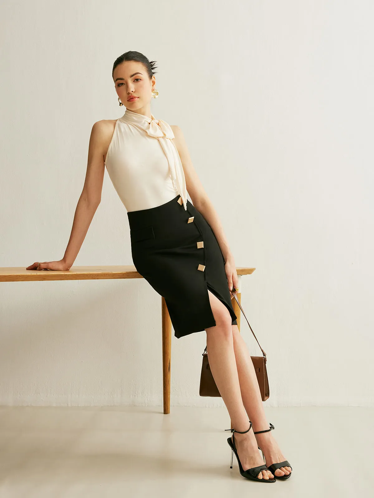 High-Waisted Side Button Skirt sold by COMMENSE product image thumbnail 2