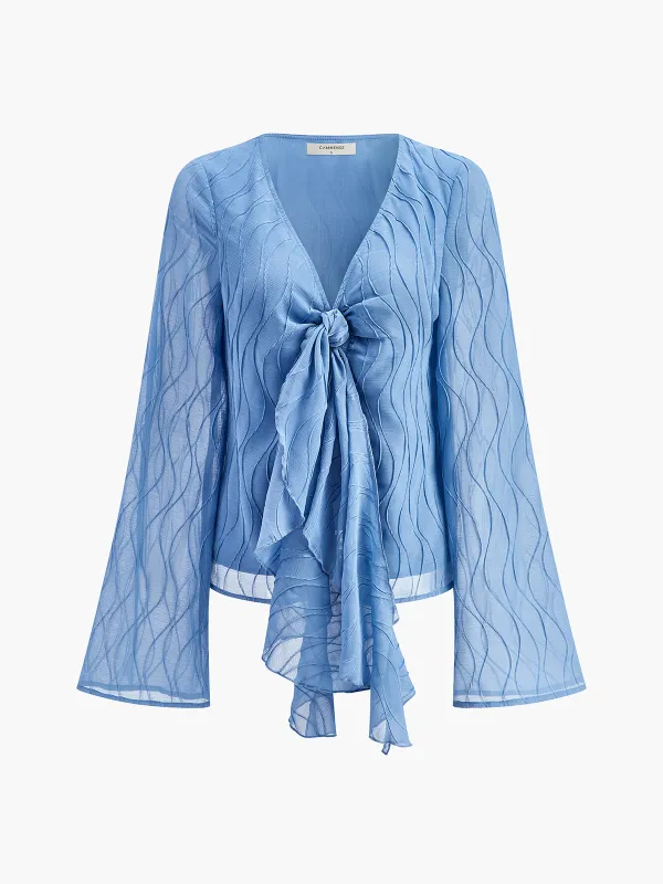 Semi-Sheer Textured Chiffon Tie-Front Blouse sold by COMMENSE