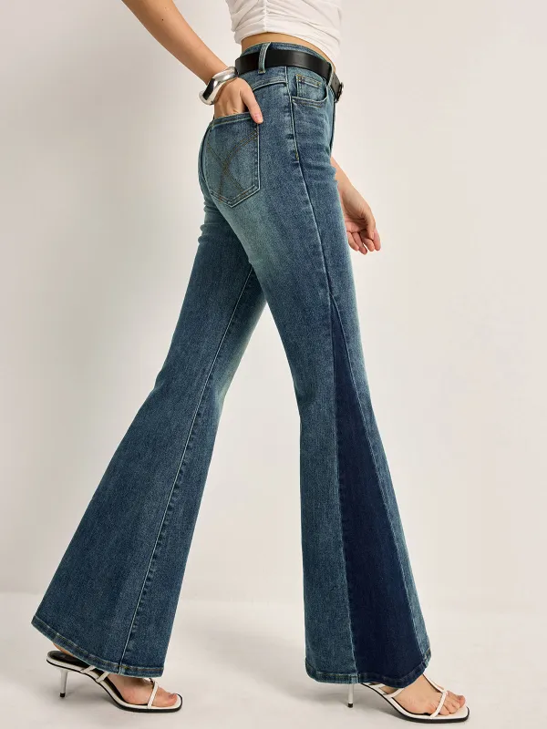 Color Block Mid-Waist Bell Jeans sold by COMMENSE